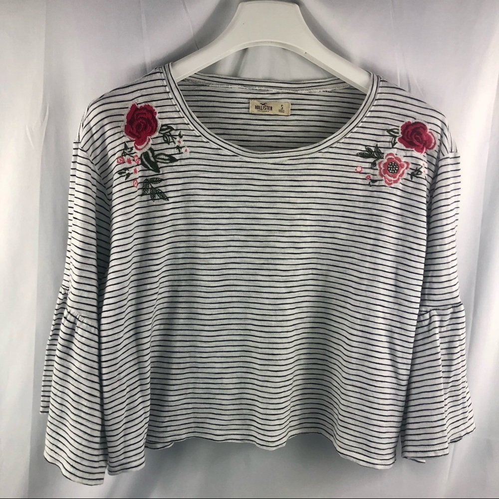 Hollister size S white with black stripes scoop neck ,flowers at top shoulders